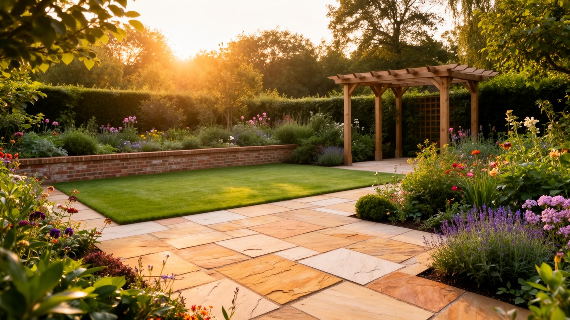 Beautifully landscaped English garden with paving, lawn and planted borders