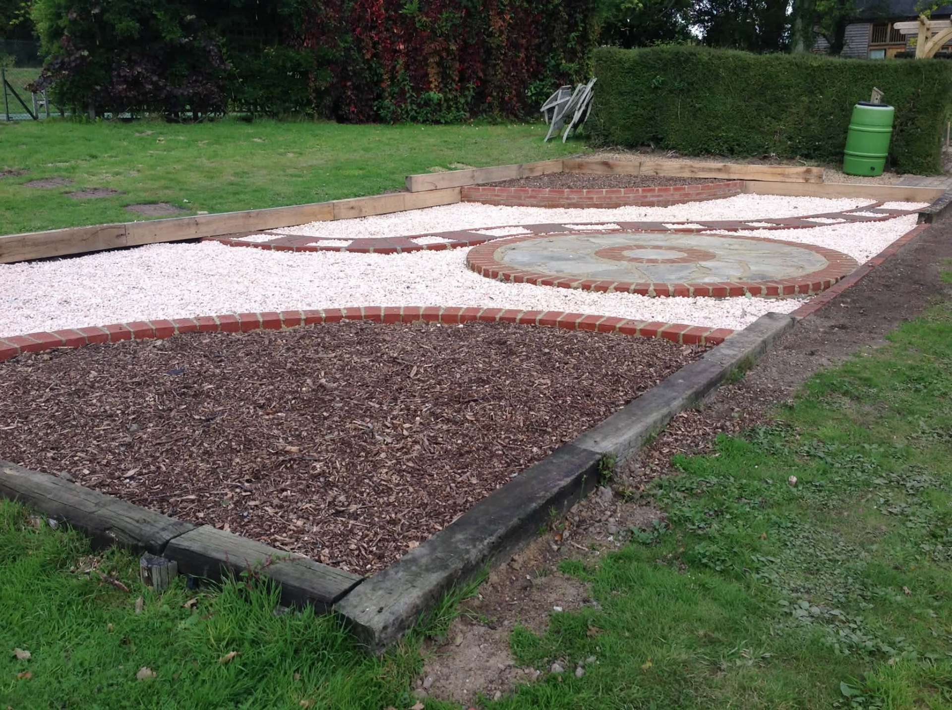Sleeper-edged gravel and mulch beds with circular stone feature