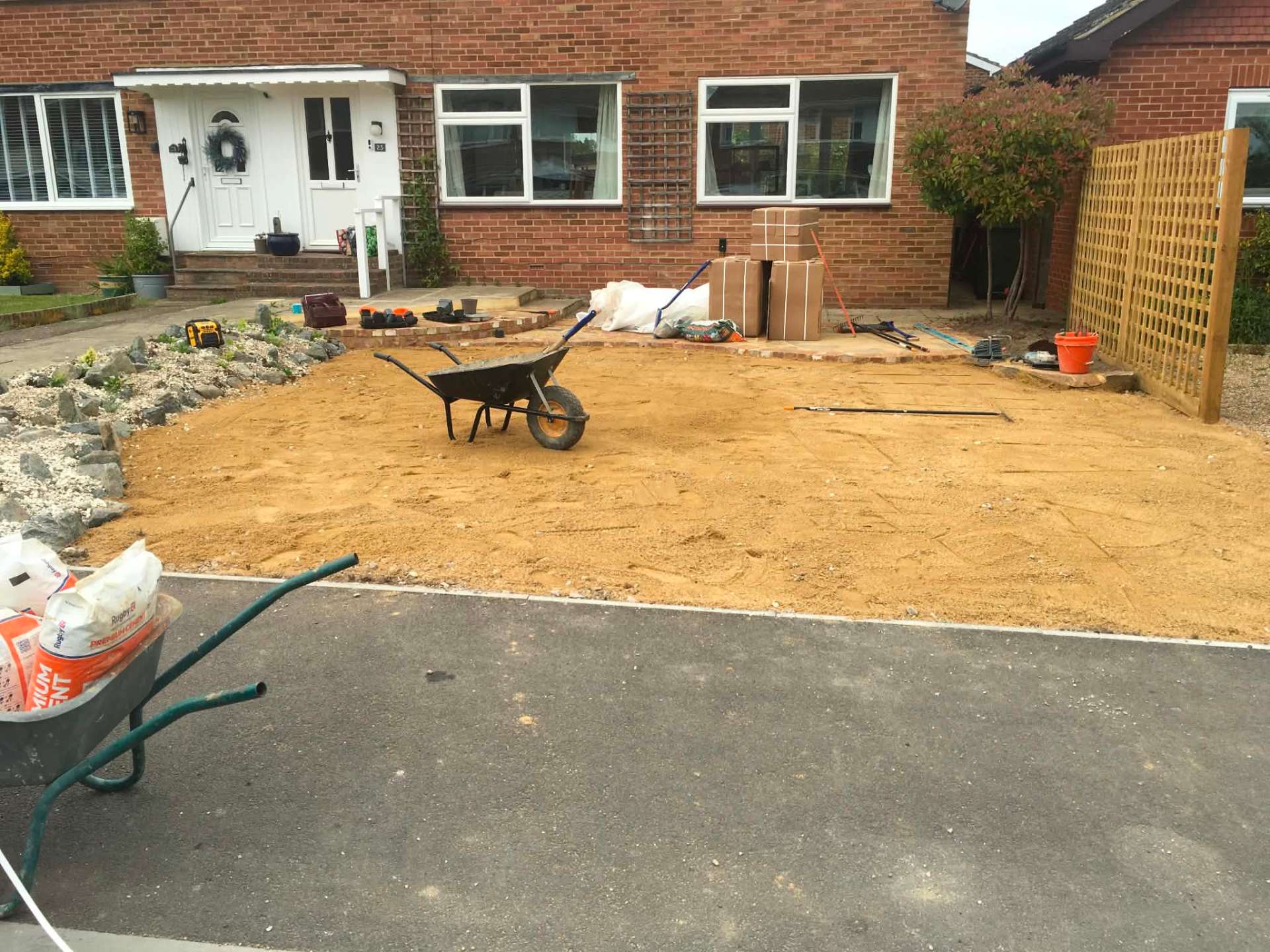 Front driveway with prepared sand base ready for paving